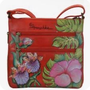 Vintage Rare Anuschka Red and Pink Floral Crossbody Bag
